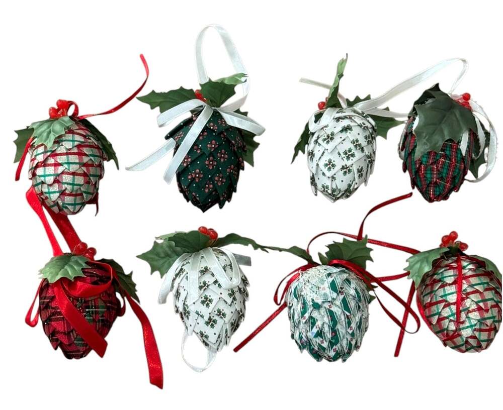 8 Vintage Handmade Quilted Ribbon Pinecones Christmas Ornaments